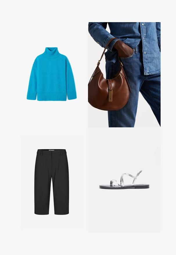 Pull en col roulé turquoise en tissu doux, avec un col et des poignets côtelés, d'un ajustement décontracté et d'une surface légèrement texturée.; Bermudas noires ajustées, tissu lisse, taille mi-haute, pli simple à l'avant, sans poches visibles, ourlet en bas, design structuré.; Sandales argentées à brides avec une semelle noire plate, présentant de fines brides métalliques et une boucle réglable à la cheville. Texture lisse dans l'ensemble.; Sac en cuir marron de style hobo avec une forme arrondie, mettant en avant un accent en métal doré et des coutures contrastantes. Assorti à une chemise en denim et un jean.
