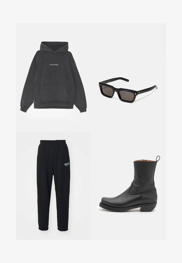 Filling Pieces HANDSHAKE VINTAGE - Džemperis su gobtuvu - black; Juodos sportinės kelnes, pagamintas iš minkštos medžiagos, su elastinga juosmens juosta, siaurėjančiomis kojomis ir maža baltąja logotipu kairėje pusėje.; Juodas odinis kulkšninis botas su lygiu paviršiumi, siauru profiliu, šoninėmis siūlėmis ir žemu kvadratiniu kulnu. Yra užvilkimo kilpelė nugarinėje dalyje.; Juodos stačiakampės akinių nuo saulės su tamsiais objektyvais, storu plastiko rėmu, auksinėmis detalėmis ant šventyklų ir prekės ženklo logotipu išgraviruotu ant šono.