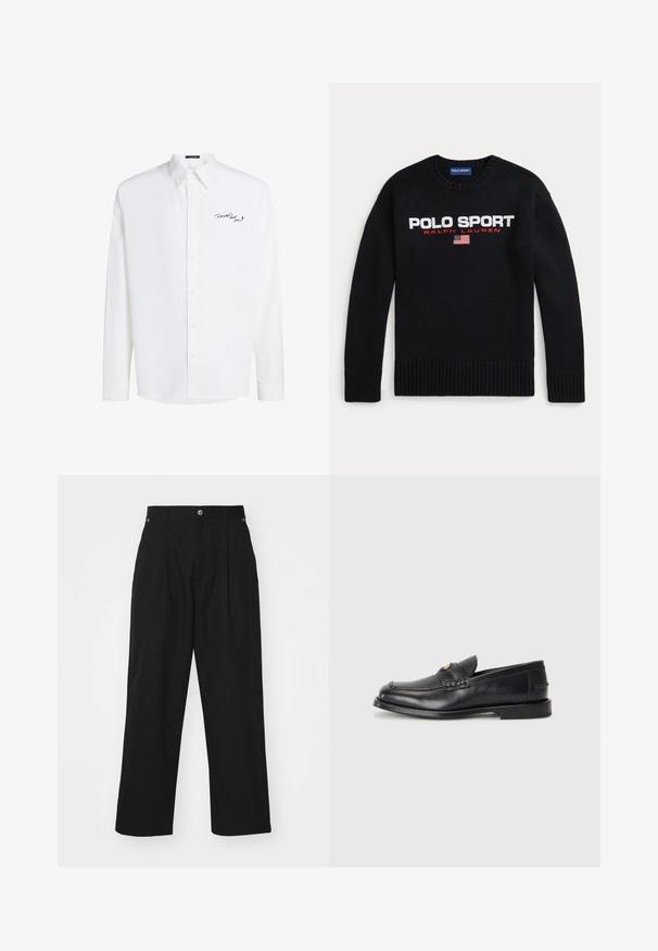 Crni džemper s okruglim izrezom s natpisom "POLO SPORT RALPH LAUREN" i malom američkom zastavom izvezenom na prsima.; Bijela košulja dugih rukava od pamuka s oštrim ovratnikom i crnim izvezenim logotipom na lijevoj strani prsnog koša. Glatka tekstura.; Crne široke hlače napravljene od lagane tkanine. Imaju kopčanje na dugme, prednje plisirane detalje i dva bočna džepa.; Crne kožne mokasine imaju zaobljen vrh, šivane detalje i mali zlatni akcent na prednjem delu. Đon je ravan i diskretan.
