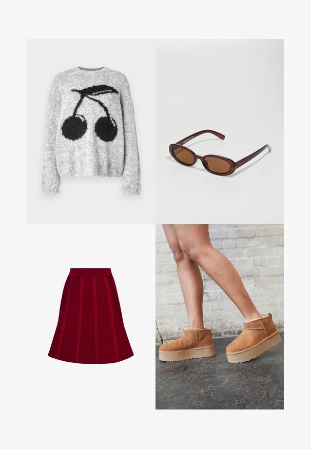 Noisy May NMSUTTON CHERRY - Trui - light grey melange; Rode gestructureerde rok met een brede tailleband, een uitlopende vorm en verticale ribbelpatronen met subtiele accenten.; Bruine suède enkelboots met een zachte voering, dikke beige plateauzool en een achterste lus. Getextureerde oppervlakte met zichtbare stiksels.; Ronde, bruin getinte zonnebril met een glanzend bordeauxrood frame. Slanke pootjes met subtiele merkdetails. Vlakke lensontwerp.; Zilveren schoudertas van metalen gaas, voorzien van een geknoopt handvat, ritssluiting en een geometrische vorm met een gladde textuur.