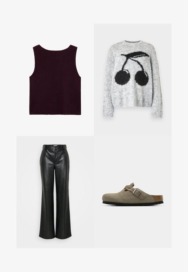 Noisy May NMSUTTON CHERRY - Trui - light grey melange; Bordeaux mouwloze gebreide top, met een brede halslijn en een aansluitende pasvorm, met een zachte textuur en zonder zichtbare versieringen.; ONLY Tall ONLSMOOTH WIDE - Broek - black; Suède klompen in licht olijfgroen met een gevormde kurk- en rubberen zool. Voorzien van een zijriem met een metalen gesp en een ronde neus.