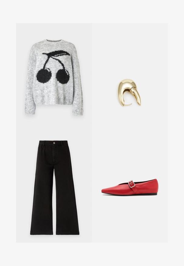 Noisy May NMSUTTON CHERRY - Stickad tröja - light grey melange; Svarta vida byxor i texturerad bomull, med knappstängning fram, bältesloopar och raka fållar med rena sömnadsdetaljer.; Röd läderballerinasko med spetsig tå, försedd med en sidrem med en metalldolk och en låg svart klack. Slät textur genom hela skon.; Örhänge i guldtonad metall med en elegant, böjd design. Har en distinkt spetsig form, polerad yta och gångjärnslås.