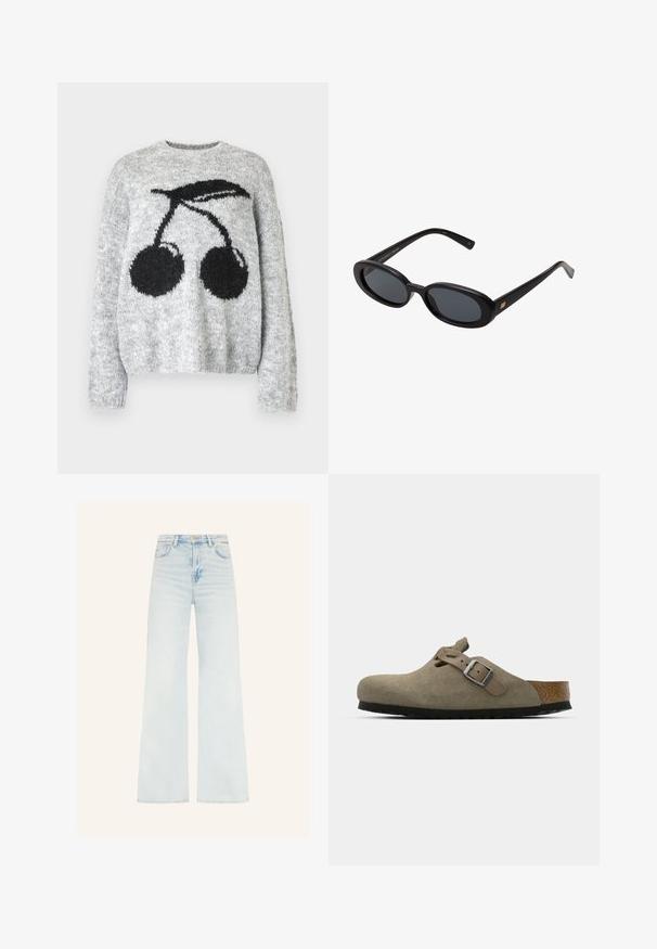 Noisy May NMSUTTON CHERRY - Džemper - light grey melange; Heledad sinine laiad teksad kõrge vöökohaga, valmistatud denimist; iseloomulikud on kerged kulumisjäljed ja puhas äär. Nähtavad riistvaraelemente ei ole.; Nahatise nahkkingad heledas oliivrohelises värvitoonis, millel on vormitud kork ja kummitald. Omab külgrihma koos metallist pandlaga ning ümarat nina.; Mustad mustad prillid ovaalsete läätsedega, sujuvast plastmassraamist ja kuldsete aktsentidega tempel. Tumedaid läätsi, mis pakuvad päikese kaitset.