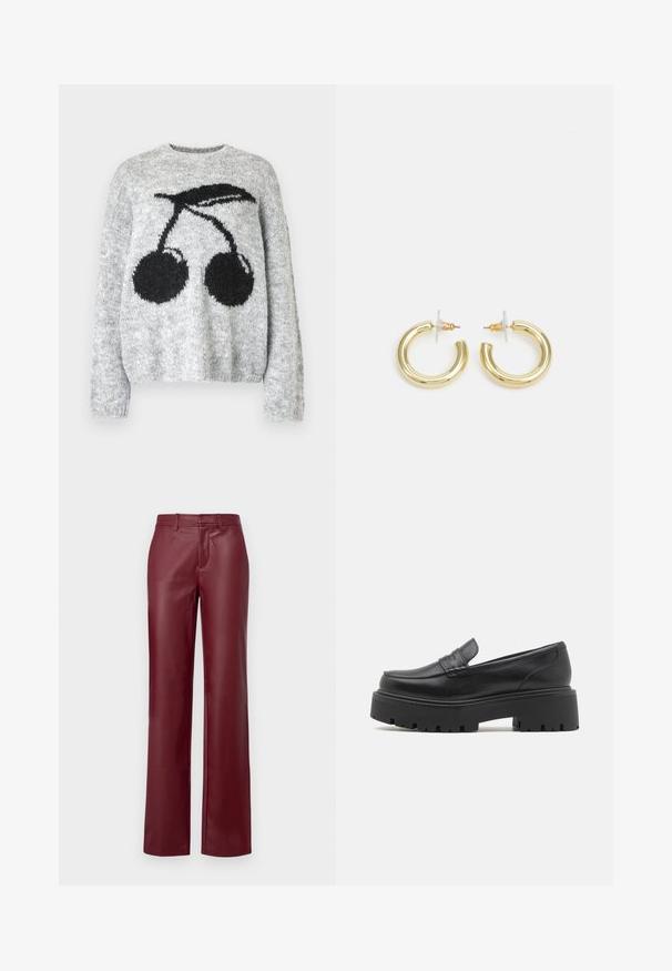 Noisy May NMSUTTON CHERRY - Jumper - light grey melange; Burgundy leather trousers with a straight cut, flat front, and belt loops. Smooth texture with a glossy finish. No visible hardware or patterns.; Black leather loafers with a low, chunky rubber sole, stitched detailing on the upper, and a smooth texture.; Gold hoop earrings with a smooth, shiny finish. Circular design featuring a small post and clear backing for secure wear.