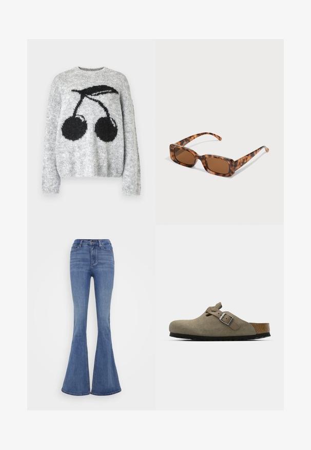 Noisy May NMSUTTON CHERRY - Trui - light grey melange; Lichtblauwe uitlopende jeans met een hoge taille, gemaakt van denim. Voorzien van een sluiting met een knoop aan de voorkant en een soepele textuur.; Suède klompen in licht olijfgroen met een gevormde kurk- en rubberen zool. Voorzien van een zijriem met een metalen gesp en een ronde neus.; Tortoiseshell zonnebril met rechthoekige bruine lenzen, een dik montuur en slanke armen met een patroon van variërende bruintinten.; Zilveren oorbellen in de vorm van een gladde, gepolijste ring. Ronde vorm met een veilige kliksluiting. Lichtgewicht ontwerp, geschikt voor dagelijks gebruik.