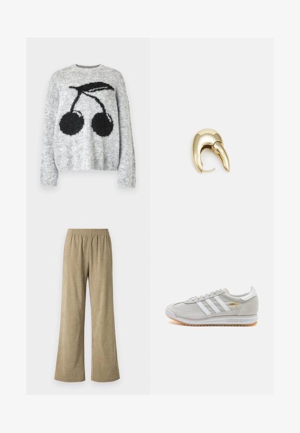 Noisy May NMSUTTON CHERRY - Džemper - light grey melange; Beezid ribikute laiad püksid elastse vöökohtaga, millel on vertikaalne ribakujundus ja vaba lõige. Ideaalsed igapäevaseks kandmiseks.; Heled hallid tossud, mis on valmistatud nubukist ja võrgust, millel on kolm valget triipu, ümmargune varvas ja kummist tald. Kuldne logoelement paelte lähedal.; Kuldtooni metallist kõrvarõngas, millel on elegantne ja kaarjas disain. Omab silmapaistvat teravat kuju, poleeritud pinda ja hingesulgemist.