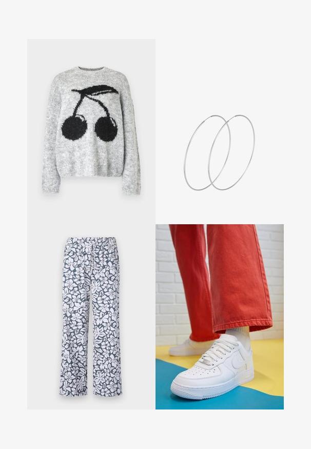 Noisy May NMSUTTON CHERRY - Strickpullover - light grey melange; Weißes Blumenmuster auf marinefarbigem Stoff, leichtes Material, elastischer Bund, weit geschnittenes Design und lässige Passform. Geeignet für entspannte Kleidung.; Weiße Leder-Sneaker mit perforiertem Zehenbereich, strukturiertem Sohlen und weißen Schnürsenkeln, kombiniert mit weiten roten Hosen und einem blauen und gelben Hintergrund.; Silberne Creolen mit minimalistischem Design. Rundform, glatte Oberfläche und dünnes Profil. Leichtgewichtig mit hochglänzender Oberfläche.