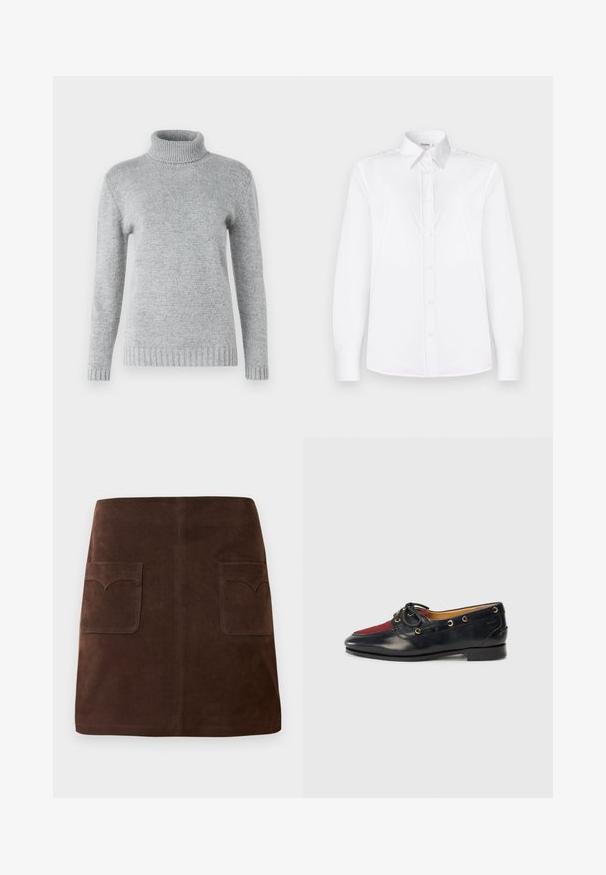 Pull col roulé gris clair en maille douce, avec des manches longues et une texture côtelée au col et à l'ourlet.; Chemise blanche à manches longues en tissu lisse, avec un col et un devant à boutons ornés de petits boutons rose pâle.; Jupe en suède marron présentant une silhouette A-line classique, deux poches avant avec des rabats arrondis et des détails de couture discrets.; Bateau en cuir noir avec un bout en suède rouge, des œillets dorés et un nœud décoratif. Texture lisse avec un petit talon carré.