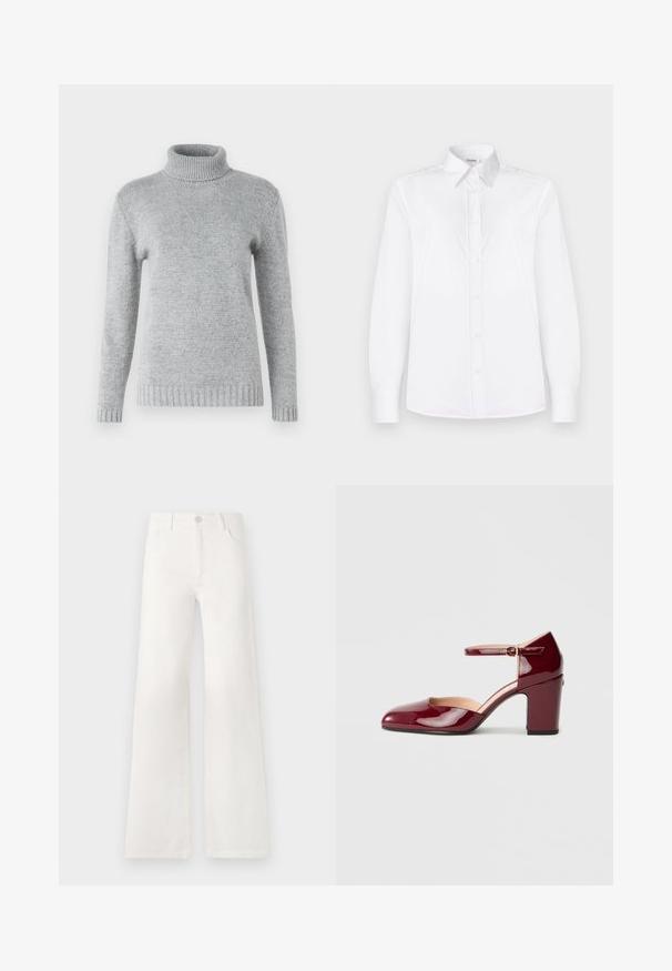Light gray turtleneck sweater made from soft knit material, featuring long sleeves and ribbed texture at the collar and hem.; White long-sleeve shirt made of smooth fabric, featuring a collared neckline and a button front with light pink buttons.; White, high-waisted wide-leg jeans made of denim. Features a button closure, two front pockets, and side seams with stitching details.; Burgundy patent leather shoe with a pointed toe, ankle strap, and a block heel. Features a cut-out design along the sides.