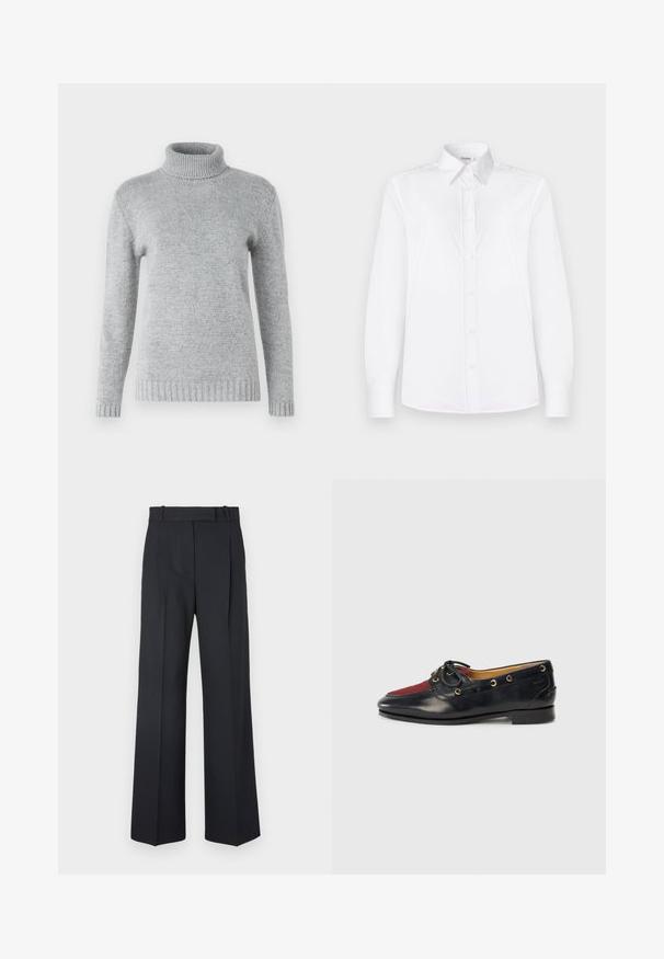 Heled halli kõrge kaelusega sviiter, mis on valmistatud pehmest kudumist, omades pikki varrukaid ning ribadena tekstuuri krael ja allääril.; Valge pikakäigeline särk, mis on valmistatud siledast kangast, millel on krae ning ees on väikeste roosade nuppudega nööpidega kinnitamine.; Tumed sinise triibuga püksid, kõrge vöökoht, laiad jalad ning ilma nähtavate metalldetailide või kaunistusteta. Sile tekstuur ja täpselt istuv lõige.; Must musta paadikets, millel on punane sametist varvas, kuldsed silmad ja dekoratiivne pael. Sile tekstuur madala plokkninaga.