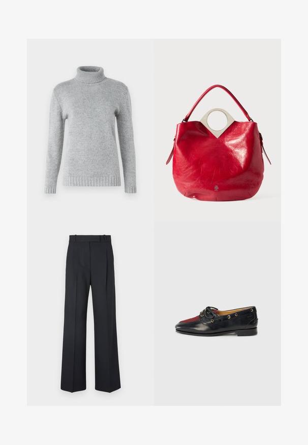 Light gray turtleneck sweater made from soft knit material, featuring long sleeves and ribbed texture at the collar and hem.; White long-sleeve shirt made of smooth fabric, featuring a collared neckline and a button front with light pink buttons.; Dark blue pinstriped trousers with a high waist, wide leg design, and no visible hardware or embellishments. Smooth texture and tailored fit.; Black leather boat shoe featuring a red suede toe, gold eyelets, and a decorative bow. Smooth texture with a low block heel.; Red leather handbag with a textured finish, rounded top handle, and circular silver hardware accent near the opening, featuring a slouchy design.