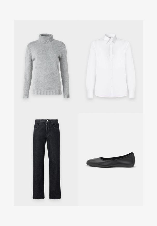 Lysegrå turtleneck genser laget av mykt strikkemateriale, med lange ermer og ribbestrikket tekstur ved kragen og kanten.; Hvit langermet skjorte laget av glat stoff, med kragehals og knapplukking foran med lyse rosa knapper.; Svarte denimjeans med rett benkutt, featuring fem lommer, frontknappelukking og kontrastsøm langs sømmene.; Svart skinnballettflatt med rund tå, glatt tekstur, minimal sømdetalj, og et fleksibelt såledesign.