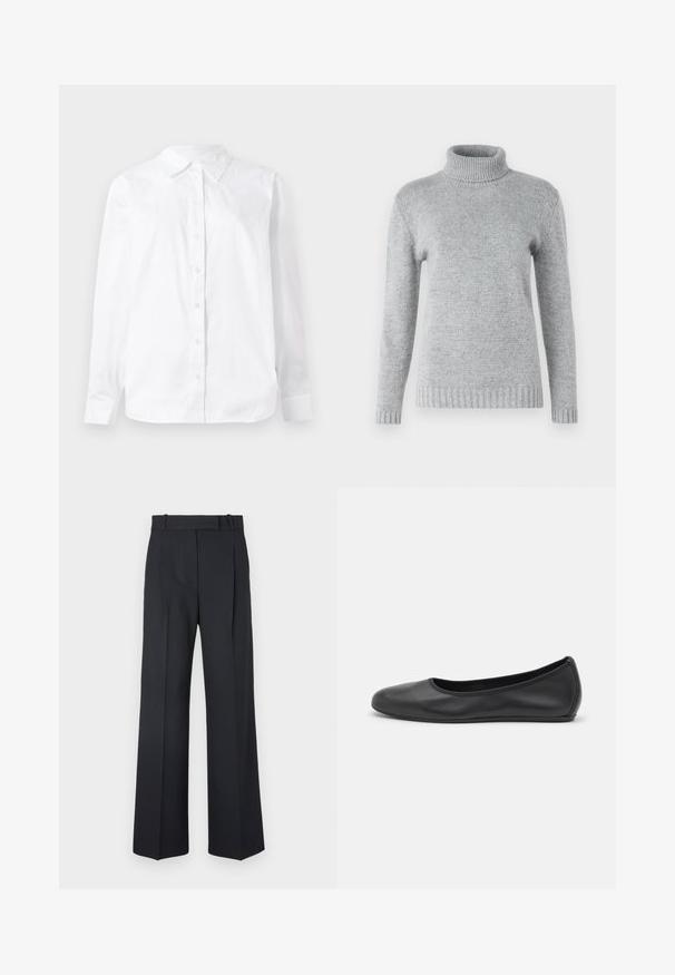 Lichtgrijze coltrui gemaakt van zacht breimateriaal, met lange mouwen en een geribbeld patroon bij de kraag en onderrand.; Witte langslang shirt met knopen, gemaakt van katoen, met een puntkraag en een rechte pasvorm met een gladde textuur.; Donkerblauwe pinstriped broek met een hoge taille, wijde pijpen en zonder zichtbare hardware of versieringen. Glad textuur en nauwkeurige pasvorm.; Zwarte leren ballerina met een ronde neus, gladde textuur, minimale stikdetails en een flexibele zoolontwerp.