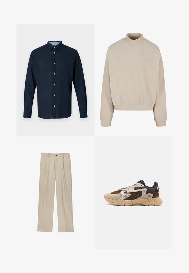 Bežová fleecová mikina s vysokým golierom, voľným strihom, spustenými ramenami a rebrovanými manžetami. Mäkká textúra a jednoduchý dizajn bez vzorov.; Námornícky dlhý rukáv košele s golierom na gombíky, bielymi gombíkmi a jemným logom na hrudi. Vyrobené z mäkkej látky s textúrovaným povrchom.; Béžové nohavice s rovný strihom, s jedným čiernym gombíkom, pútkami na opasok a bočnými vreckami. Hladká textúra látky a minimálny dizajn.; Béžové a hnedé tenisky s textúrovanými sieťovinovými panelmi, semišovými akcentmi a gumovou podrážkou. Obsahujú šnurovací dizajn a značkovú grafiku.