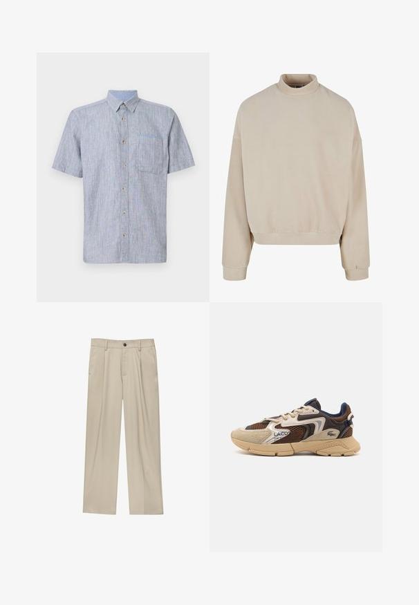 Beige Fleece-Sweatshirt mit hohem Kragen, lockerer Passform, überschnittenen Schultern und gerippten Bündchen. Weicher Stoff und schlichte Gestaltung ohne Muster.; Kurzärmliges, knöpfbares Hemd aus hellblau-weiß gestreiftem Stoff, mit Brusttasche und braunen Knöpfen. Texturiertes, lässiges Design.; Beige Hosen mit geradem Schnitt, ausgestattet mit einem einzelnen schwarzen Knopf, Gürtelschlaufen und Seitentaschen. Glatte Stofftextur und minimalistisches Design.; Beige und braune Sneakers mit strukturierten Netzpaneelen, Wildlederakzenten und einer Gummisohle. Verfügt über ein Schnürdesign und Marken-Detailing.