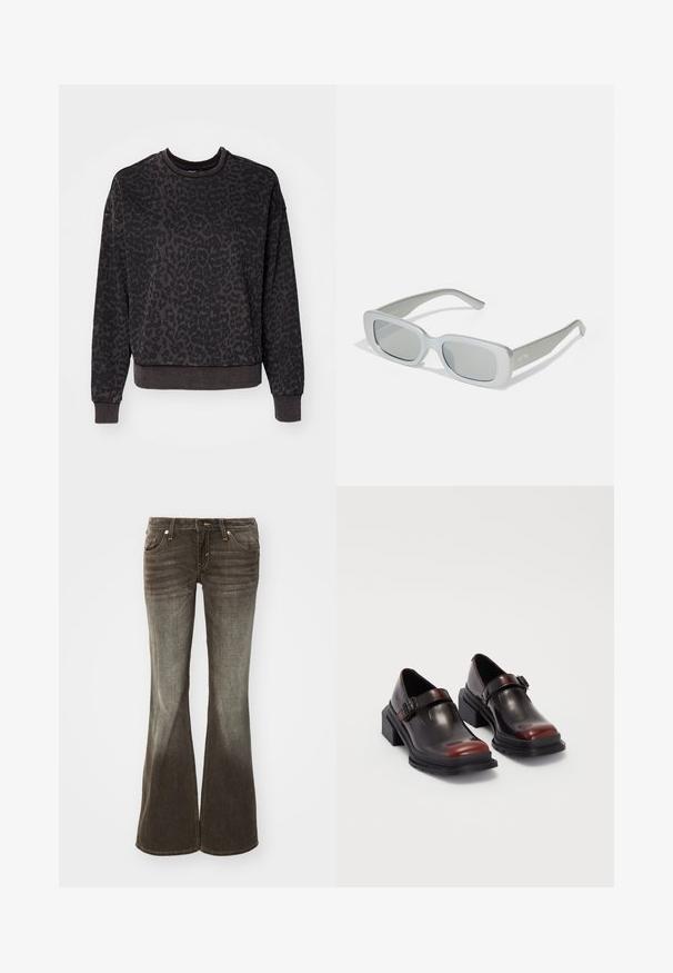 ONLY ONLVOICE O NECK - Pusa - black; Tumed hallidega flare-tüüpi teksad, millel on kulunud viimistlus. Omab viit taskut, ees nuppude sulgemine ning peened õmbluse detailid.; Nahkased blokeeritud kontsaga kingad, millel on läikiv tume burgundi värv, koos pannalalusega ja ümarate sõrmedega disainiga. Struktuurne välistald haarde jaoks.; Hallid pruunid päikeseprillid, millel on ristkülikukujuline raam, matt viimistlus ja tumedad läätsed. Omavad õhukesi raame, millel on külgedel tagasihoidlik bränding.