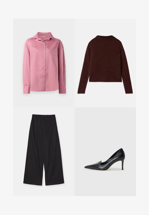 Bordeaux, langermet genser laget av myk, teksturert stoff. Har høy krage og en avslappet passform med rett kant.; Rosa langermet skjorte med spiss krage og knappet front. Myk tekstur og avslappet passform med knappeledd og uten synlige mønstre.; Sorte vide benbukser laget av et glatt stoff, med høy midje, frontplisser, knappelukking og en rett silhuett.; Svart lærpumps med spiss tå, lav vamp og dekorativ gullaccent. Har stiletthæl og glatt tekstur.
