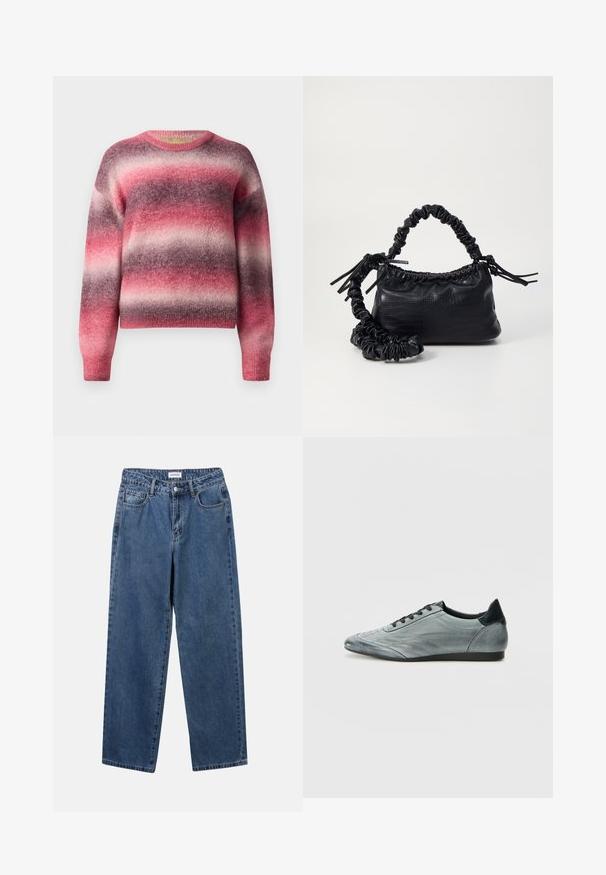 Puha kötött pulóver vízszintes bolyhos csíkokkal, rózsaszín, lila és világosszürke árnyalatokban, kerek nyakkivágással és hosszú ujjakra tervezve.; Klasszikus kék farmernadrág egyenes szárú dizájnal, öt zsebbel és gombos zárással. Közepes mosású és strapabíró textúrával rendelkezik.; Világosszürke bőr sneaker, amely letisztult dizájnnal rendelkezik, varrott részletekkel, fekete fűzőkkel és sötét sarok kiemeléssel. Gumi talp.; Fekete műbőr kézi táska krokodil bőr textúrával, összehúzható tetejű és gyűrt pánttal. Lágy és kompakt dizájnúnak tűnik.