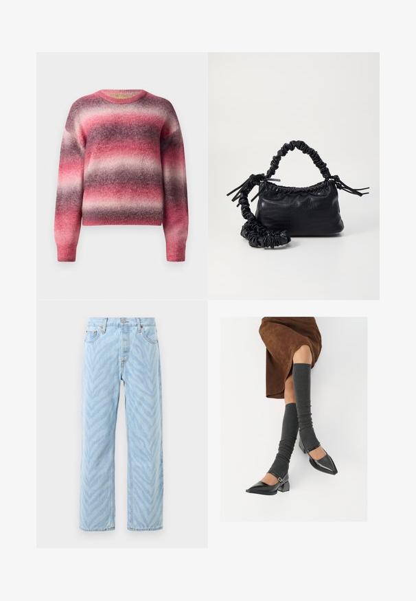 Suéter de punto suave con franjas difusas horizontales en tonos de rosa, púrpura y gris claro, con un cuello redondo y mangas largas.; Jeans de pierna recta azul claro con un sutil patrón de rayas de cebra, cierre de botón y cremallera, y diseño de cinco bolsillos.; Zapatos de charol negros con punta afilada, tacón bloque y tira de tobillo, combinados con calentadores de piernas de canalé grises y una falda de ante marrón.; Bolso de mano de imitación cuero negro con textura de cocodrilo, parte superior fruncida y correa arrugada. Presenta un diseño suave y compacto.