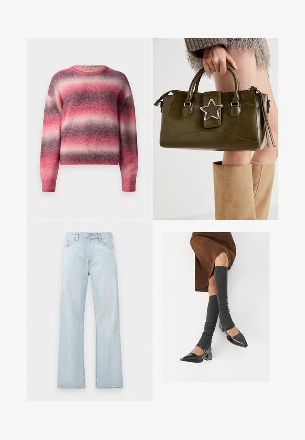 Jemný pletený svetr s vodorovnými chlupatými pruhy v odstínech růžové, fialové a světle šedé, s kulatým výstřihem a dlouhými rukávy.; Světle modré džíny z denimu s vysokým pasem, širokými nohavicemi a jemným vyblednutím. Obsahují klasický design s pěti kapsami a tónově laděné švy.; Černé lakované boty s špičatou špičkou, blokovým podpatkem a kotníkovým páskem, spárované s šedými žebrovanými návleky na nohy a hnědskou sukní z semiše.; Olivově zelená kabelka z imitace kůže se stříbrnou hvězdou, dvojitými rukojeťmi a zipovým uzávěrem. Texturovaný povrch a strukturovaný tvar.