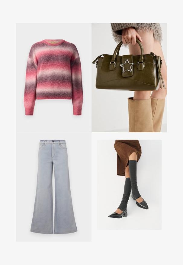 Suéter de malha suave com riscas desfocadas em tons de rosa, roxo e cinza claro, apresentando um decote redondo e mangas longas.; Jeans de perna larga azul claro feitos de denim, com uma cintura alta, cinco bolsos e detalhes de costura subtil ao longo das costuras.; Sapatos pretos de pele lacada com biqueira pontuda, salto bloco e tiras no tornozelo, combinados com caneleiras cinzas em malha e uma saia de camurça castanha.; Bolsa de mão em pele sintética verde oliva com detalhe de estrela prateada, alças duplas e fecho com zip. Superfície texturizada e forma estruturada.