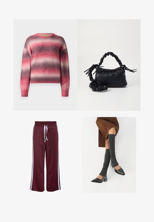 Soft knit sweater with horizontal fuzzy stripes in shades of pink, purple, and light gray, featuring a round neckline and long sleeves.; Maroon wide-leg track pants with elastic waistband, white drawstrings, and white side stripes.; Black patent leather pointed-toe shoes with a block heel and ankle strap, paired with gray ribbed leg warmers and a brown suede skirt.; Black faux leather handbag with a crocodile texture, cinched top, and a scrunched strap. Appears soft and compact in design.