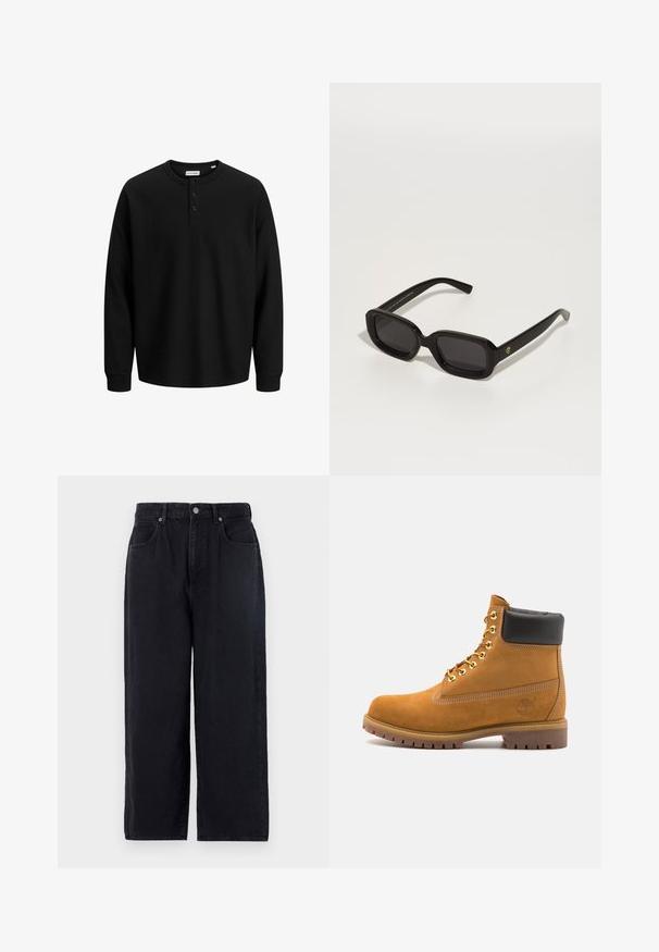 Juoda zip-up gobtuvėlė su priekinėmis kišenėmis, su raišteliu reguliuojamu gobtuvu ir dideliu siuvinėtu "GAP" logotipu per krūtinę, viduje pamušalu iš švelnios fliso medžiagos.; Juodas ilgomis rankovėmis henley marškinėliai su raštuota tekstūra, trimis mygtukais kaklo srityje ir tiesiu kraštu. Pagaminta iš švelnios medžiagos.; Juodos džinsinės kelnės su tiesiu kirpimu, turinčios penkias kišenes, mygtuko užsegimą ir švarų apdailą. Patvari medžiaga su matinio paviršiaus tekstūra.; Tan spalvą turintys suknelės batus iki kulkšnies su juodu paminkštintu apvadu, auksiniais metaliniais akių užsegimais, baltais siūlų dekoratyviniais elementais ir tvirtu guminiu padu su ryškiai išreikštais raštais.; Juodi stačiakampiai saulės akiniai su storais rėmeliais, tamsiais objektyvais ir auksiniu logotipo akcentu ant šventyklos, pasižymintys lygiu, blizgiu paviršiumi.