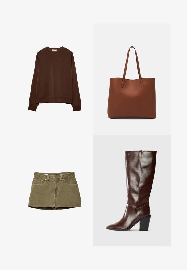 Brun sweatshirt med en afslappet pasform, rund halsudskæring og lange ærmer. Blødt stof med ribbede manchetter og talje. Ingen mønstre eller accenter.; Olivengrøn denim miniskørt med forlommer, lige snit og knaplukning. Blød tekstur med synlige syninger.; Høj, mørkebrun læderstøvle med spids tå og stablet blokhæl, vist fra siden på en ensfarvet baggrund.; Brun læder tote taske med en glat overflade, åben topdesign og to skulderremme. Har minimal syning og ingen synlig hardware.