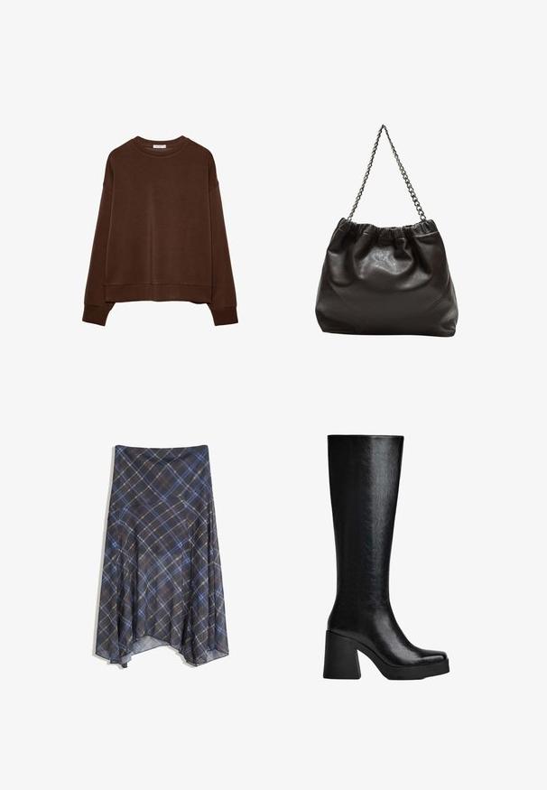 Hnedá mikina s voľným strihom, okrúhlym výstrihom a dlhými rukávmi. Mäkká tkanina s rebrovanými manžetami a lemom. Bez vzorov alebo akcentov.; Čierna kockovaná sukňa s modrými a hnedými prúžkami, voľný strih, stredná dĺžka, vyrobená z ľahkej látky s hladkým povrchom.; Čierne vysoké čižmy po kolená vyrobené z textúrovaného syntetického materiálu, s hranatou špičkou, robustným vysokým podpätkom a hladkým, elegantným povrchom.; Hnedá kožená taška so zberaným vrchom a reťazovým popruhom. Hladký povrch s lesklým finišom a jemným švom po stranách.