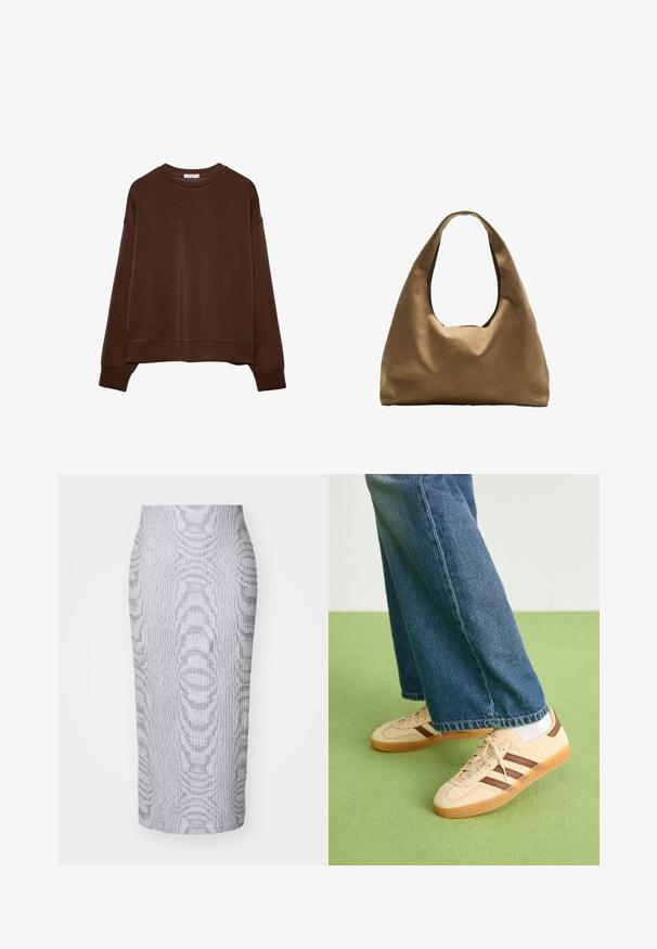Brun sweatshirt med en afslappet pasform, rund halsudskæring og lange ærmer. Blødt stof med ribbede manchetter og talje. Ingen mønstre eller accenter.; Grå ribbet midi-nederdel med en tætsiddende silhuet, der har et tekstureret mønster over det hele og en ensfarvet talje for komfort.; Beige sneakers med teksturerede cremefarvede paneler og brune striber, parret med blå denim jeans. Jeansene har brede ben og en frynset kant.; Brun stof skuldertaske med en bred, rundet krop og et stort udsnit håndtag. Blød tekstur, minimalistisk design og ingen synlig hardware.