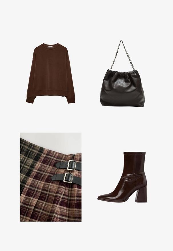 Sweatshirt marron avec une coupe décontractée, un col rond et des manches longues. Tissu doux avec des poignets et un ourlet côtelés. Pas de motifs ni d'accents.; Jupe de style kilt en tissu tartan comportant des nuances de noir, beige et bordeaux. Comprend deux sangles en cuir noir avec des boucles en argent.; Bottine en cuir verni marron avec un bout pointu, une cheville élastique et un talon bloc épais. Design élégant avec une texture lisse.; Sac en cuir marron avec un haut froncé et une bandoulière en chaîne. Texture lisse avec une finition brillante et des coutures subtiles sur les côtés.