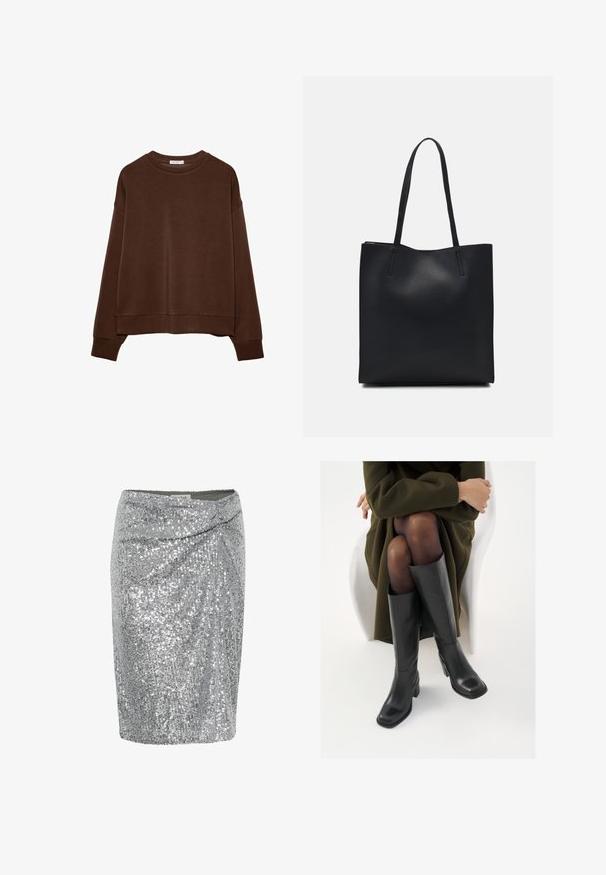 Brauner Sweatshirt mit lockerer Passform, rundem Ausschnitt und langen Ärmeln. Weicher Stoff mit gerippten Bündchen und Saum. Keine Muster oder Akzente.; Silberner, mit Pailletten belegter Minirock mit Wickeldesign, der über eine glatte Textur und eine taillierte Silhouette verfügt. Mit schimmernden Pailletten verziert.; Knöchelhöhe schwarze Lederstiefel mit quadrater Spitze und Blockabsatz, gezeigt mit einem Modell, das einen olivgrünen Mantel trägt. Glatte Textur, minimale Details.; Schwarze Laptoptasche aus Leder mit glatter Textur, rechteckiger Form und zwei langen Griffen. Keine sichtbaren Beschläge oder Verzierungen.
