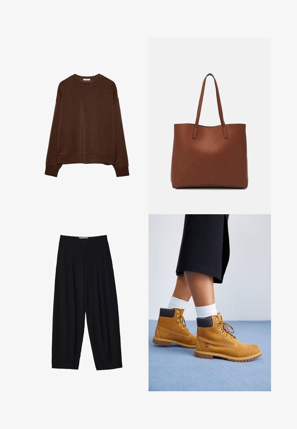 Felpa marrone con vestibilità rilassata, collo tondo e maniche lunghe. Tessuto morbido con polsini e orlo a coste. Senza motivi né dettagli.; Pantaloni a gamba larga neri realizzati in tessuto leggero, con pieghe frontali, una vita classica e tasche laterali. Tessuto morbido.; Stivali alla caviglia in suede beige con accenti in pelle marrone, occhielli dorati e suola testurizzata. Calzini bianchi visibili sopra gli stivali.; Borsa tote in pelle marrone con texture liscia, design con apertura superiore e due spallacci. Presenta cuciture minime e nessun hardware visibile.
