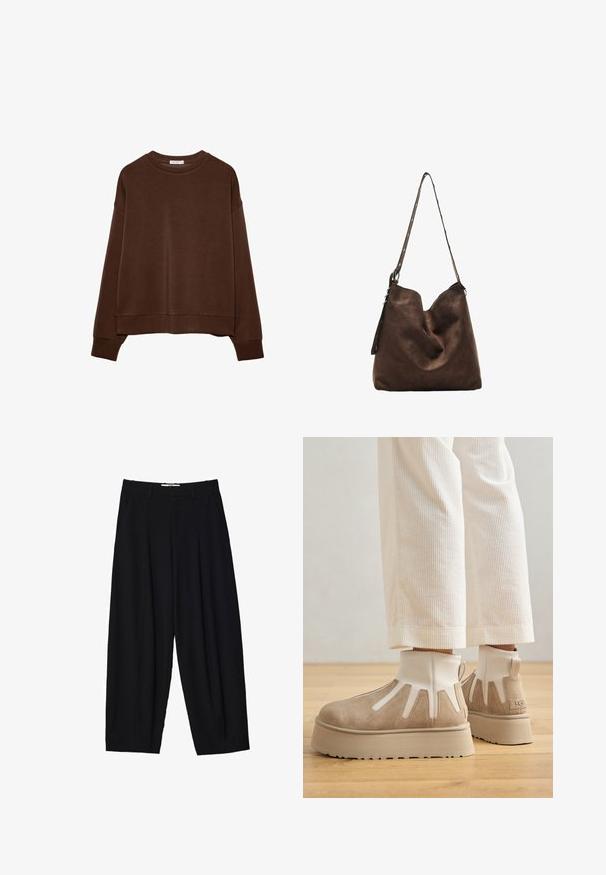 Brązowa bluza z luźnym krojem, okrągłym dekoltem i długimi rękawami. Miękka tkanina z prążkowanymi mankietami i dołem. Bez wzorów ani akcentów.; Czarne szerokie spodnie wykonane z lekkiego materiału, z plisami z przodu, klasycznym paskiem w talii i kieszeniami bocznymi. Gładka tekstura.; Beżowe zamszowe botki sięgające kostki z grubą podeszwą platformą i białym elastycznym boku. Charakteryzują się wycięciami i logiem na obcasie.; Brązowa zamszowa torba hobo z zaokrąglonym przodem, długim paskiem z akcentami w postaci kropek oraz miękką fakturą. Charakteryzuje się luźnym designem, idealnym do codziennego użytku.