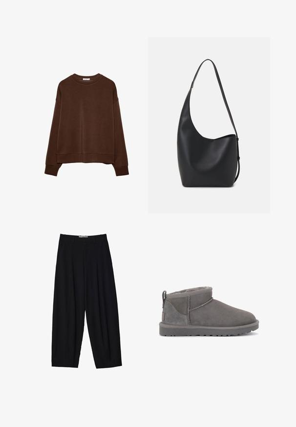 Brun sweatshirt med avslappnad passform, rund halsringning och långa ärmar. Mjukt material med ribbade mudd och fåll. Inga mönster eller detaljer.; Svarta vida byxor i lätt tyg, med framfållningar, en klassisk midja och sidofickor. Slät textur.; Grå mockakängor i ankellängd med ett mjukt innerfoder, minimal sömnad och en formad gummisul. Utrustad med en dragflik baktill.; Svart läder hobo-väska med en slät textur, kurvig form och en justerbar axelrem; har en bred öppning upptill.