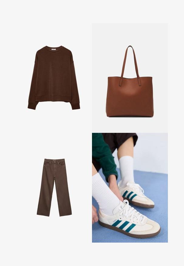 Hnedá mikina s voľným strihom, okrúhlym výstrihom a dlhými rukávmi. Mäkká tkanina s rebrovanými manžetami a lemom. Bez vzorov alebo akcentov.; Džínsy s širokými nohavicami v hnedej farbe, vyrobené z denimu, so zvýšeným pásom, prednými vreckami a klasickým zapínaním na gombík. Hladká textúra s jemným prešívaním.; Biele športové topánky s teal prúžkami, textúrovaným zvrškom a hnedými gumovými podrážkami. Spárované s bielymi rebrovanými ponožkami.; Hnedá kožená taška na rameno s hladkou textúrou, otvoreným vrchom a dvoma ramenými popruhmi. Má minimálne šitia a žiadne viditeľné kovania.