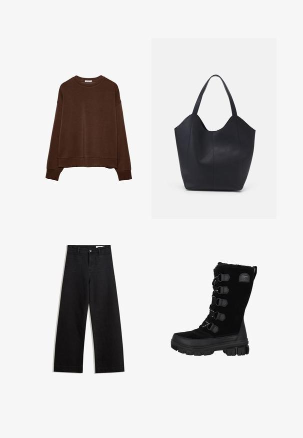 Felpa marrone con vestibilità rilassata, collo tondo e maniche lunghe. Tessuto morbido con polsini e orlo a coste. Senza motivi né dettagli.; Pantaloni in denim neri a gamba larga con vita alta, dotati di tasche anteriori e posteriori, cuciture a punto, e chiusura con bottone. Texture liscia.; Stivaletti invernali neri impermeabili con tomaia in camoscio, colletto in pelliccia e suola in gomma. Presentano un design con lacci, occhielli esagonali e patch con logo.; Borsa tote nera realizzata in pelle liscia, con una parte superiore curva e aperta, dotata di due manici per spalla e un design minimalista.