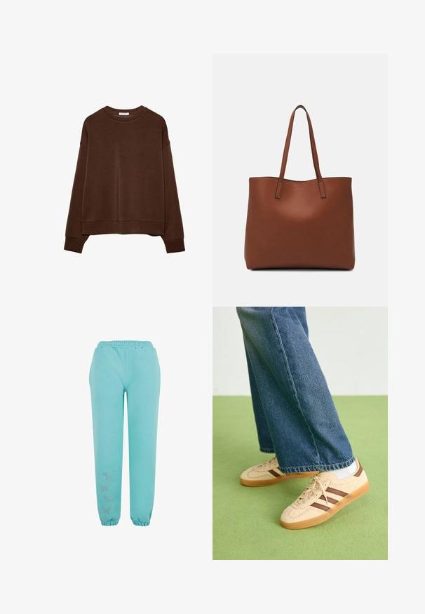 Rjav majica s sproščenim krojem, okroglim ovratnikom in dolgimi rokavi. Mehak material z rebrastimi manšetami in robom. Brez vzorcev ali okrasnih dodatkov.; Turkizne trenirke iz mehkega materiala, z elastičnim pasom, elastičnimi manšetami in dekorativnimi dodatki v obliki metuljev.; Bež teniske z teksturiranimi kremnimi paneli in rjavimi črtami, v kombinaciji z modrimi kavbojkami. Kavbojke imajo široke hlačnice in raztrgan rob.; Rjava usnjena torba z gladko teksturo, odprto zasnovo zgoraj in dvema naramnima trakovoma. Opremljena je z minimalnim šivanjem in brez vidnih kovinskih delov.