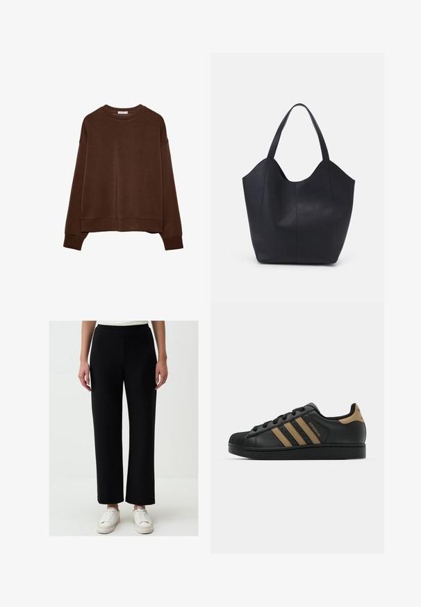 Brązowa bluza z luźnym krojem, okrągłym dekoltem i długimi rękawami. Miękka tkanina z prążkowanymi mankietami i dołem. Bez wzorów ani akcentów.; Czarne, szerokie spodnie wykonane z miękkiego materiału, z elastycznym pasem i prostym krojem. W zestawieniu z białymi sneakersami.; Czarne skórzane sneakersy z trzema brązowymi paskami, teksturowanym gumowym noskiem, sznurowanym przodem i płaską czarną podeszwą. Posiadają subtelne logo na pięcie.; Czarna torba na ramię wykonana z gładkiej skóry, z zaokrąglonym, otwartym topem i dwoma paskami na ramię oraz minimalistycznym designem.