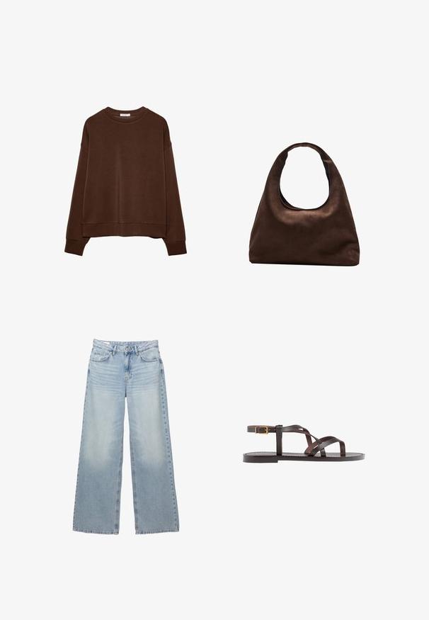 Brązowa bluza z luźnym krojem, okrągłym dekoltem i długimi rękawami. Miękka tkanina z prążkowanymi mankietami i dołem. Bez wzorów ani akcentów.; Jasnoniebieskie, szerokie dżinsy wykonane z denimu. Posiadają pięć kieszeni, szlufki na pasek oraz zapięcie na guzik. Wyblakła struktura z subtelnymi przetarciami.; Brązowe skórzane sandały z krzyżującymi się paskami, zapięciem na klamrę przy kostce oraz płaską podeszwą z minimalnymi detalami szycia.; Miękka, brązowa torebka w stylu hobo z jedną szeroką rączką i wyprofilowanym otwarciem, wyeksponowana na białym tle.