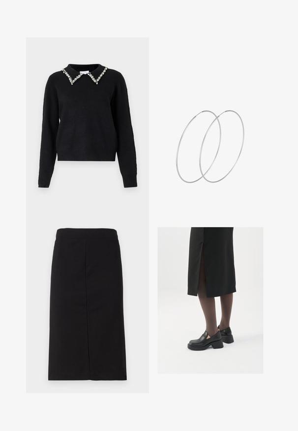 VILA VIPEARL O NECK - Neule - black; Musta polvipituinen kynähame, joka on valmistettu pehmeästä kankaasta. Hameessa on sileä vyötärönauha ja suora siluetti ilman näkyviä koristeita.; Mustat nahkakengät pyöreällä kärjellä, paksulla lohkopohjalla ja joustavilla sivuakkesseilla, yhdistettynä tummiin sukkahousuihin ja mustaan hameeseen, jossa on halkio.; Hopehope hopeilla, joissa on minimalistinen muotoilu. Pyöreä muoto, sileä pinta ja ohut profiili. Kevyet ja kiillotetut.