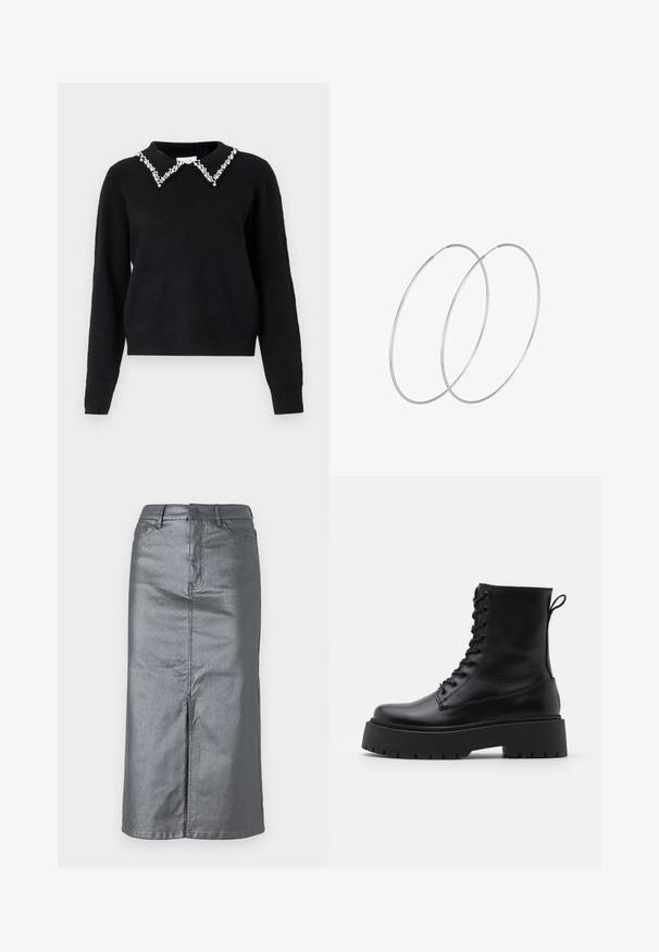 VILA VIPEARL O NECK - Trui - black; Metalen grijze spijkerrok met een rechte vorm, een split aan de voorkant, een ontwerp met vijf zakken en een knoopsluiting in de taille. Plat gestikte naden zijn zichtbaar.; Zwarte leren enkelboots met een ronde neus, vetersluiting aan de voorkant en een dikke rubberen zool met een gestructureerd profiel. Trekbandje aan de achterkant.; Zilveren hoepel oorbellen met een minimalistisch ontwerp. Cirkelvormig, gladde textuur en dun profiel. Lichtgewicht met een gepolijste afwerking.