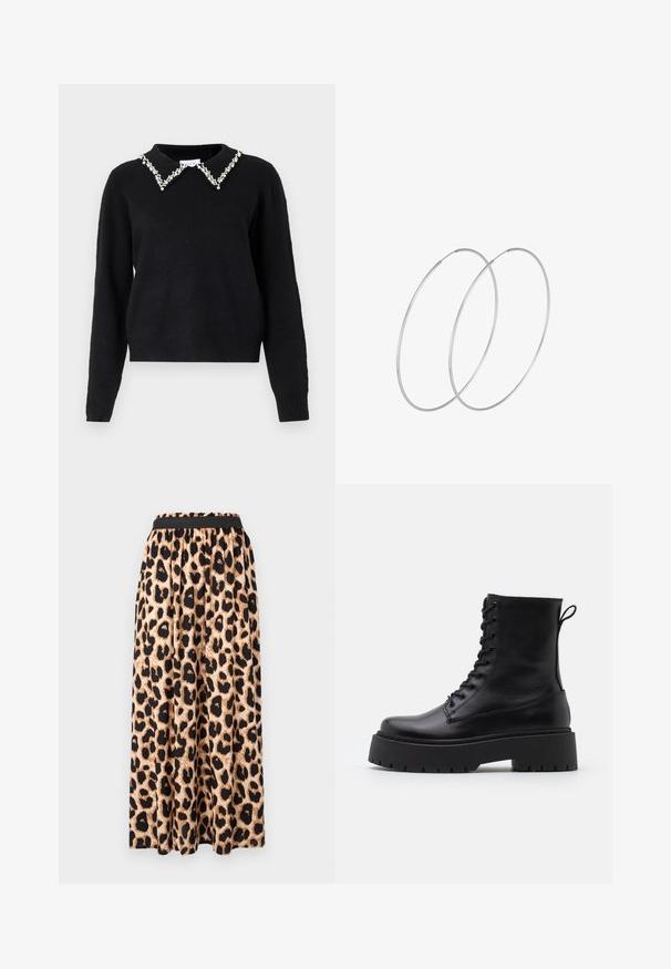 VILA VIPEARL O NECK - Striktrøje - black; Maxi-nederdel med leopardmønster og sort elastisk talje, der har et glat, flydende stof og en flagrende silhuet.; Sorte læder ankelstøvler med rund tå, snørebånd foran og en tyk gummisål med struktureret slidbane. Hæfteløkke bagpå.; Sølvøreringe med et minimalistisk design. Cirkulær form, glat tekstur og tynd profil. Letvægtige med en poleret overflade.