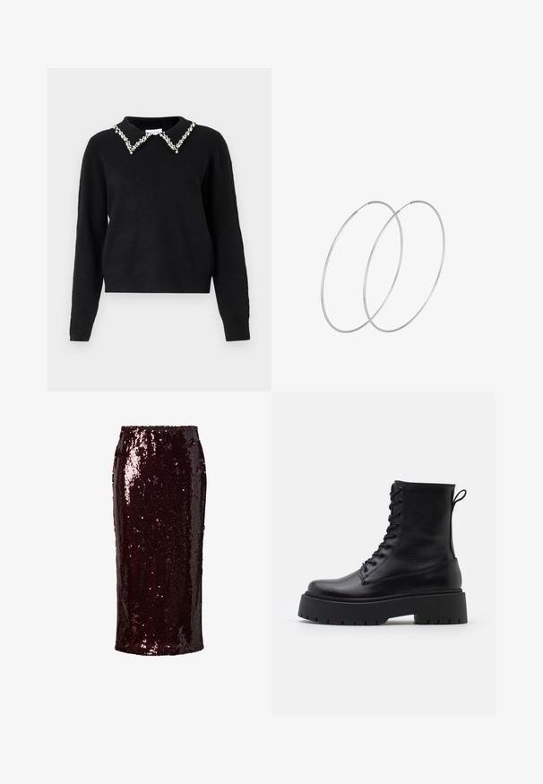 VILA VIPEARL O NECK - Džemper - black; Burgundia sädelev seelik, mis on kitsas ja keha järgivat vormi, sileda tekstuuriga, põlve pikkune, särava ja peegelduva pinnaga ning ilma nähtavate kinnitusteta.; Mustad mustad nahast pahkluu saapad ümarate varvastega, nööridega esiosas ja paksu kummist talla ning tekstuuritud mustriga. Tagumine tõmbeaas.; Hõbedased rõngastikkaehingad minimalistlikus disainis. Ümar kuju, sile tekstuur ja õhuke profiil. Kerged ning poleeritud viimistlusega.