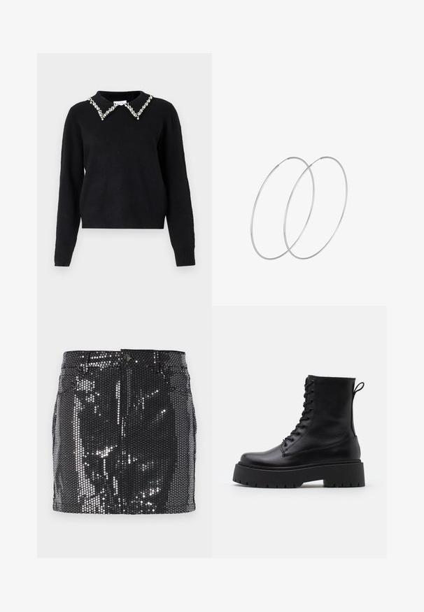 VILA VIPEARL O NECK - Jumper - black; Black sequin mini skirt with a fitted design, button closure, and an all-over shiny texture reflecting light. Straight hem and functional pockets.; Black leather ankle boots with a round toe, lace-up front, and a thick rubber sole featuring a textured tread. Pull tab at the back.; Silver hoop earrings with a minimalist design. Circular shape, smooth texture, and thin profile. Lightweight with a polished finish.