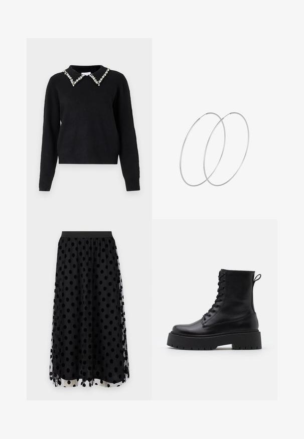 VILA VIPEARL O NECK - Svetrík - black; Čierna tylová sukňa so veľkými čiernymi bodkami, elastickým pásom, vrstveným designom a priesvitnou textúrou so pevným lemom.; Čierne kožené členkové topánky s okrúhlou špičkou, šnurovaním vpredu a hrubou gumovou podrážkou s textúrovaným vzorom. Sťahovací pútko na zadnej strane.; Strieborné kruhové náušnice s minimalistickým dizajnom. Cirkulárny tvar, hladký povrch a tenký profil. Ľahké s lesklým povrchom.
