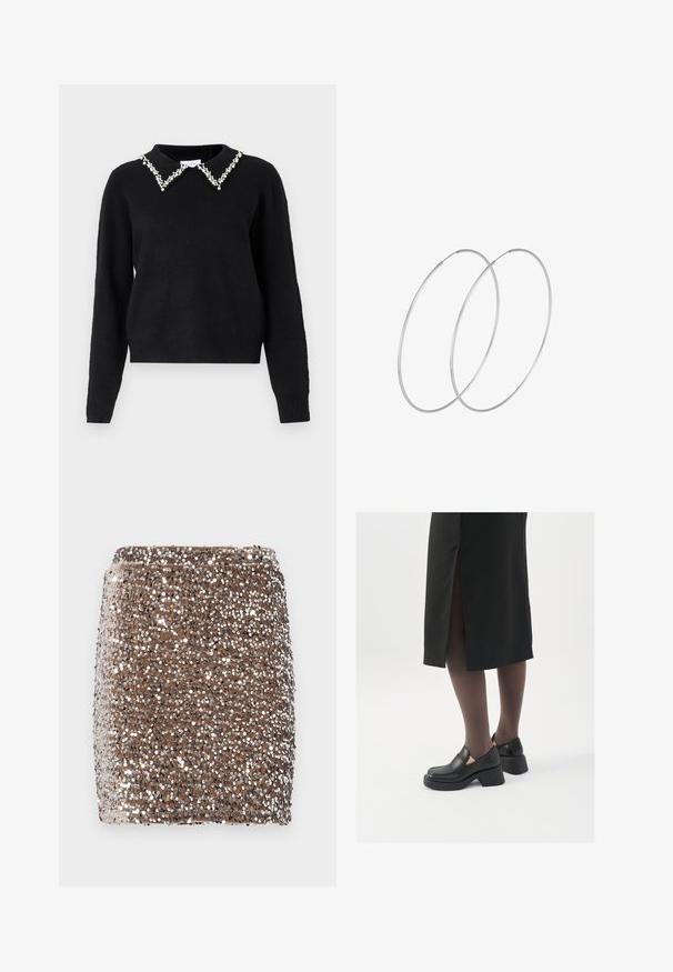 VILA VIPEARL O NECK - Svetrík - black; Hnedá mini sukňa so lesklou výšivkou, prispôsobená na telo, pokrytá odrazovými striebornými flitrami, vytvárajúcimi textúrový, trblietavý efekt.; Čierne kožené topánky s okrúhlou špičkou, silným blokovým opätkom a elastickými bočnými akcentmi, skombinované s tmavými pančuchami a čiernou sukňou so štiepením.; Strieborné kruhové náušnice s minimalistickým dizajnom. Cirkulárny tvar, hladký povrch a tenký profil. Ľahké s lesklým povrchom.