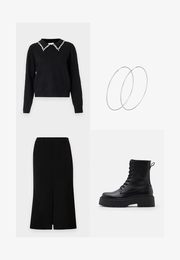 VILA VIPEARL O NECK - Neule - black; Mustan polvimittaisen hameen suora siluetti, jossa on etuläpi, tasainen texture ja räätälöity vyötärönauha.; Musta nahkainen nilkkureita, joissa on pyöreä kärki, nauhakiinnitys edessä ja paksu kumipohja, jossa on teksturoitu pinta. Takana vetotappi.; Hopehope hopeilla, joissa on minimalistinen muotoilu. Pyöreä muoto, sileä pinta ja ohut profiili. Kevyet ja kiillotetut.