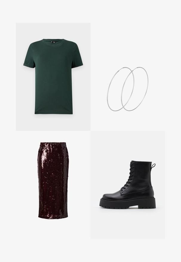 VILA VIPEARL O NECK - Jumper - black; Dark green short-sleeve t-shirt with a crew neck, made from a soft, smooth fabric. Features rolled cuffs and a relaxed fit.; Burgundy sequin pencil skirt with a fitted silhouette, smooth texture, knee-length, featuring a shiny, reflective surface and no visible fastenings.; Black leather ankle boots with a round toe, lace-up front, and a thick rubber sole featuring a textured tread. Pull tab at the back.; Silver hoop earrings with a minimalist design. Circular shape, smooth texture, and thin profile. Lightweight with a polished finish.