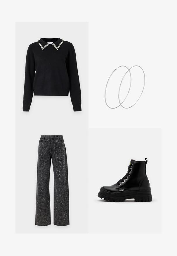 VILA VIPEARL O NECK - Jumper - black; Noisy May NMJANNEL LOOSE - Relaxed fit jeans - black denim; Black ankle boots with a glossy finish, chunky sole, and round toe. Features metal eyelets and black laces. Includes a pull tab at the back.; Silver hoop earrings with a minimalist design. Circular shape, smooth texture, and thin profile. Lightweight with a polished finish.